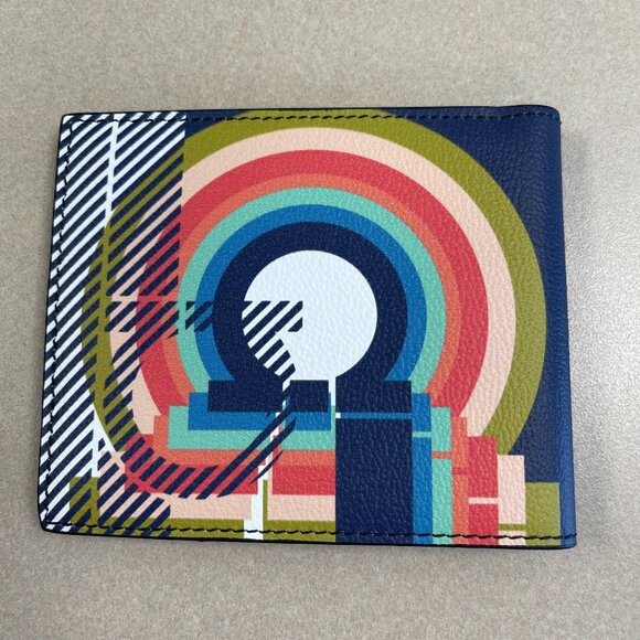 Salvatore Ferragamo Motif-Printed Bi-Fold Leather Wallet - Navy/Multi - NWOT - Picture 2 of 9